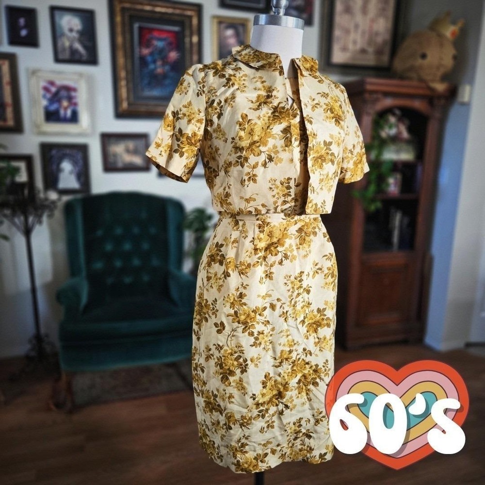 House‎ of Lords Dress Set Vintage 1960s Floral Sheath Jacket Gold Yellow 12 S M